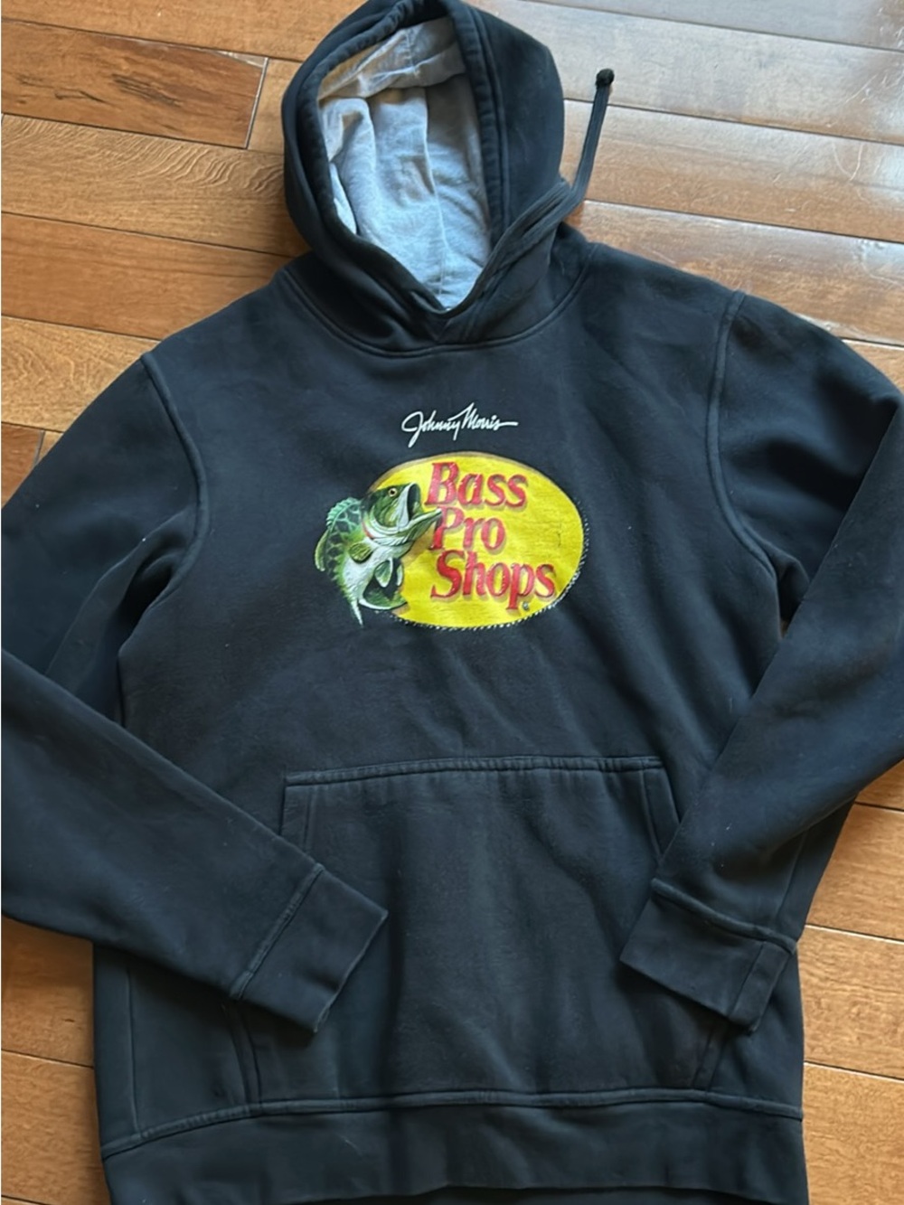 Bass Pro Shops Black Hoodie with Yellow Logo and Green Fish Graphic